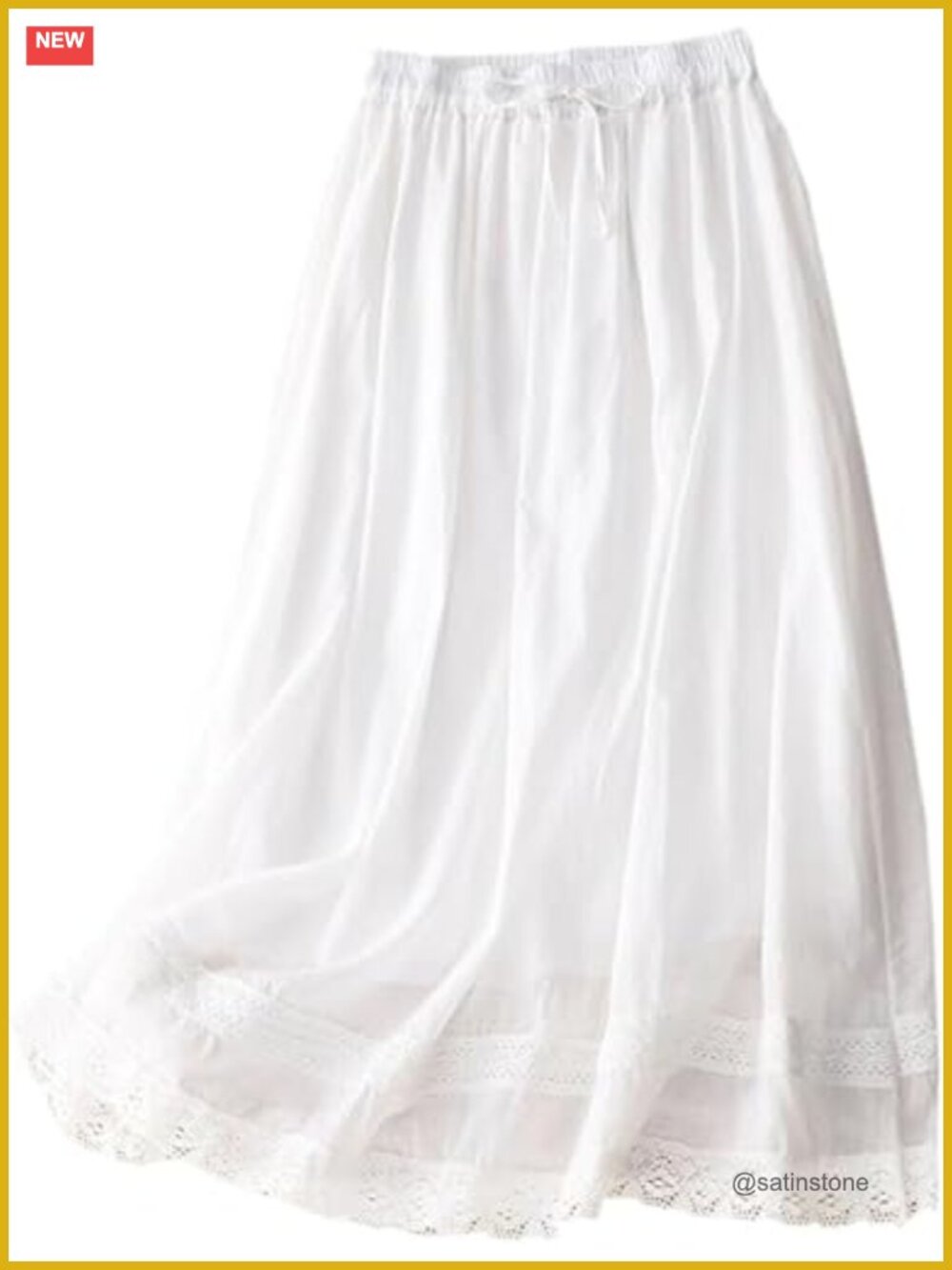 Cotton Linen Midi Skirt Flowy Boho A-Line Lace Trim High Rise Drawstring